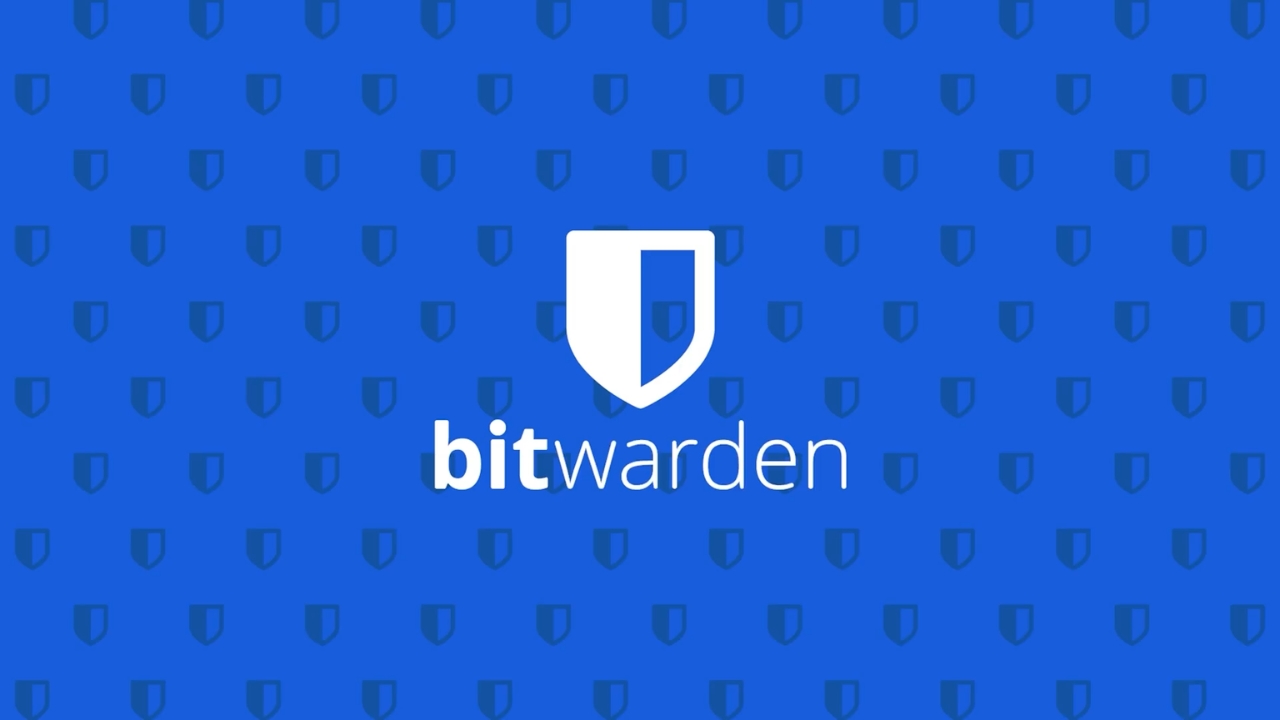 Bitwarden logo na plavoj pozadini sa simbolima štita.