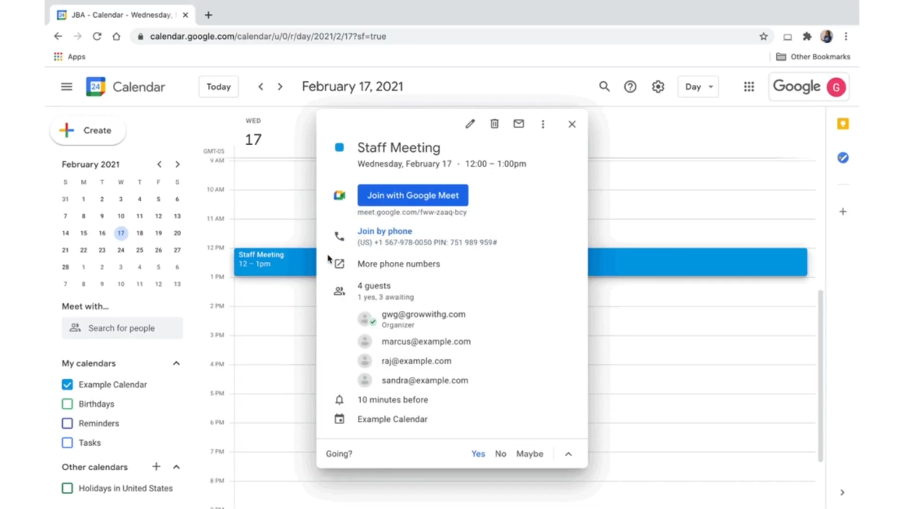 Google Calendar prikazuje zakazan sastanak sa opcijom pridruživanja preko Google Meet-a