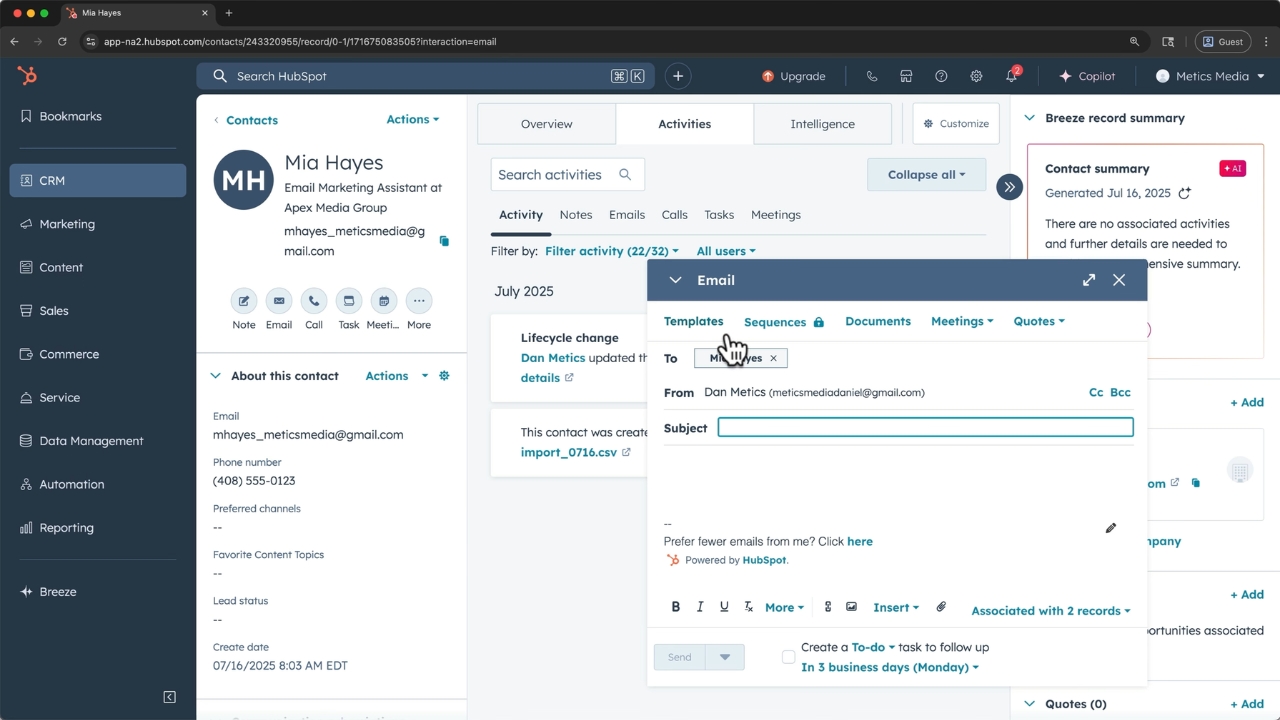 HubSpot CRM prikazuje profil kontakta i prozor za slanje e-maila.
